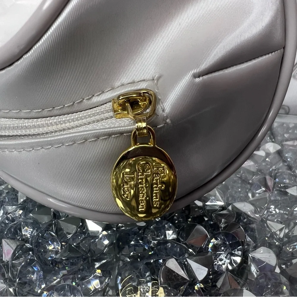 Christian dior makeup bag small white stripe shimmer pattern grey gold hardware